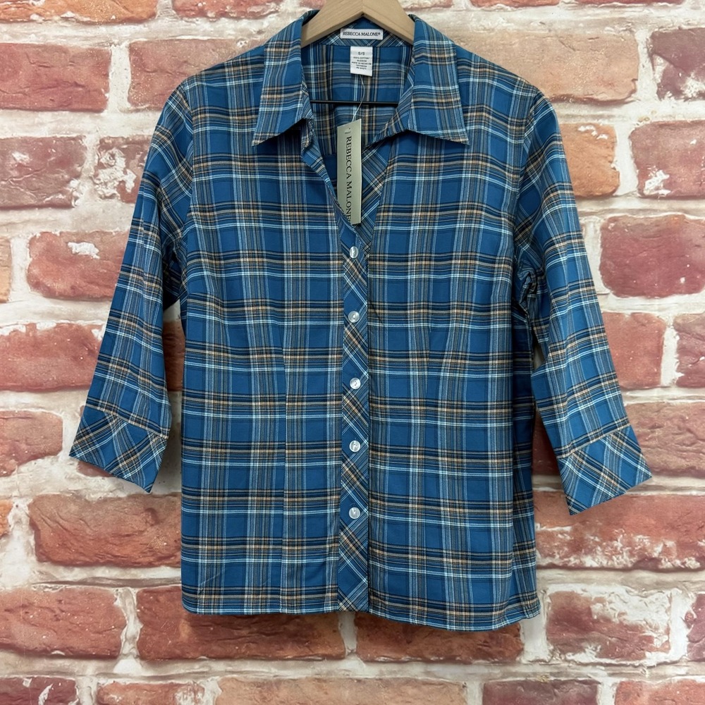 Rebecca Malone Top Women's Small Blue Multicolor Plaid Western 3/4 Sleeve Shirt